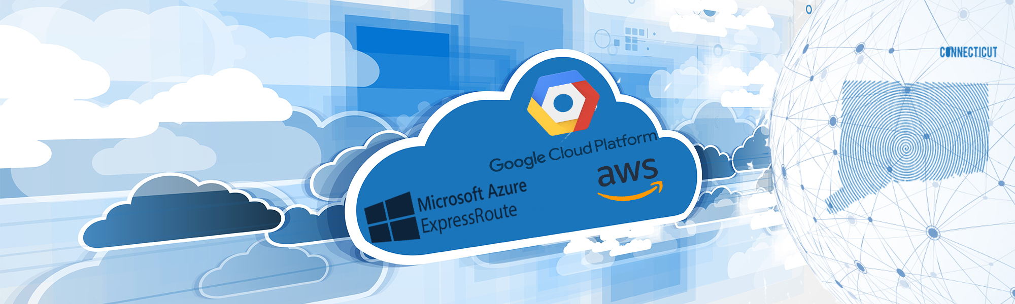 Cloud connect graphic, image of a cloud with Google Cloud Platform logo, Microsoft Azure ExpressRoute logo, and AWS logo
