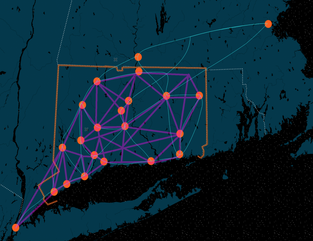 Map of Connecticut with lines connecting throughout the state