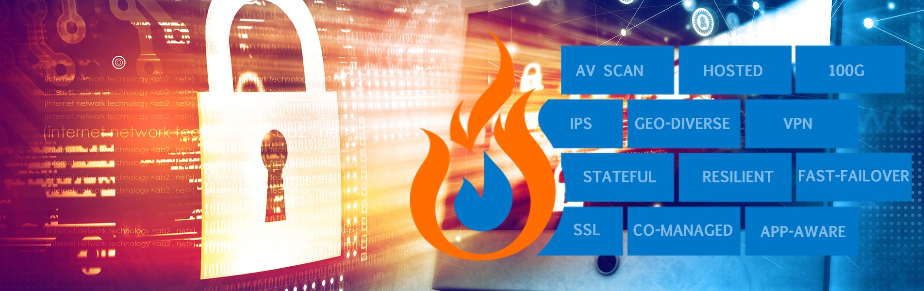 Graphic background with image of a lock, fire graphic with bricks that read: AV Scan, Hosted, 100G, IPS, Geo-diverse, VPN, Stateful, Resilient, Fast-Failover, SSL, Co-managed, App-aware