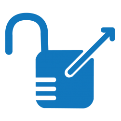 Blue open access icon, an open lock with an arrow pointing from it 