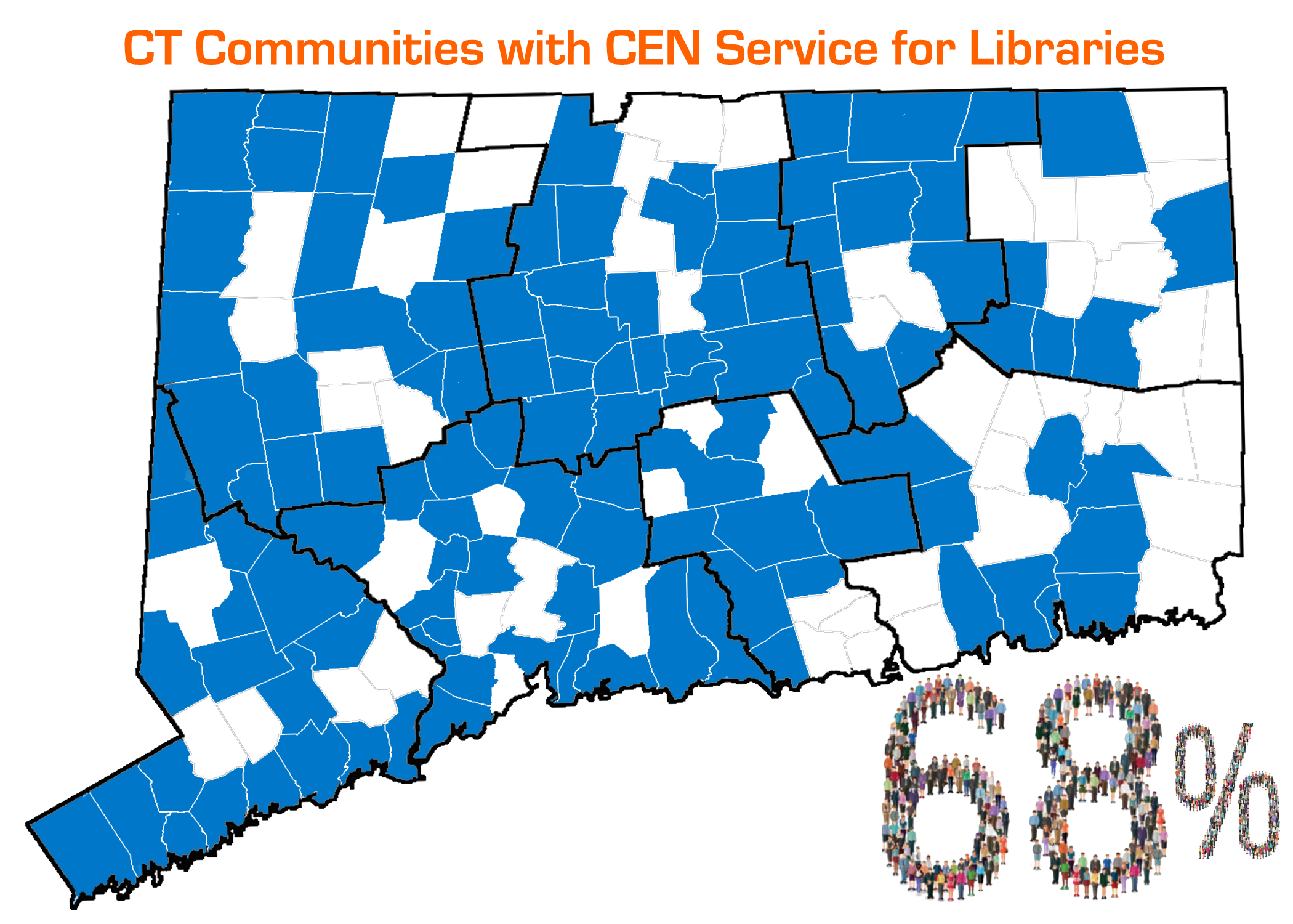 Map of CT partially shaded blue, above map reads: CT Communities with CEN Service for Libraries, below map reads: 68%