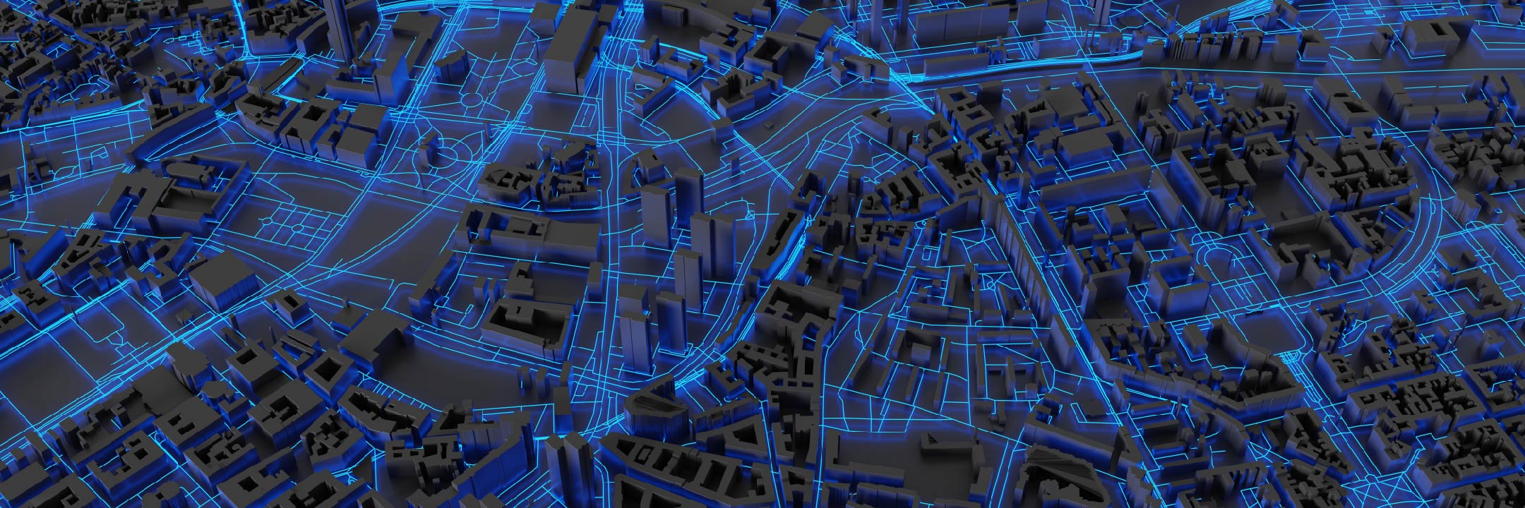Image of black city buildings from birds eye view with neon blue tech lines running through