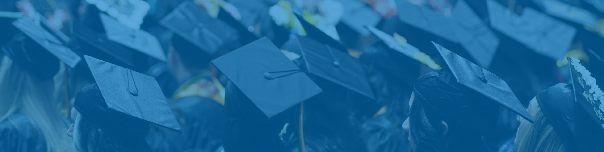 Image of graduation caps on students with blue gradient over top