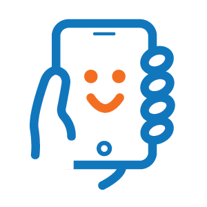 Hand holding phone with a smiley face on it