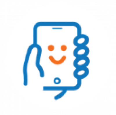 Hand holding phone with a smiley face